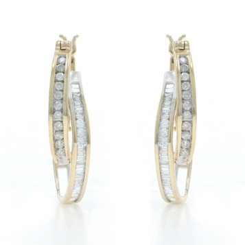 Yellow Gold Diamond Double Hoop Earrings -14k Round Brilliant & Baguette 1.00ctw