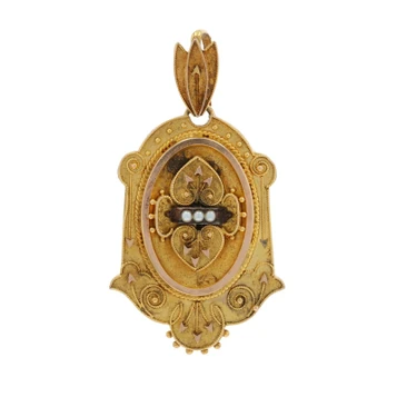 Yellow Gold Pearl Victorian Leaf Arrow Locket Pendant - 10k Antique One Frame