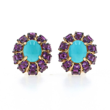 Yellow Gold Turquoise Amethyst Halo Stud Earrings - 14k Oval Cab Floral Pierced