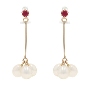 Yellow Gold Pearl Ruby Dangle Earrings - 14k Beads Pierced