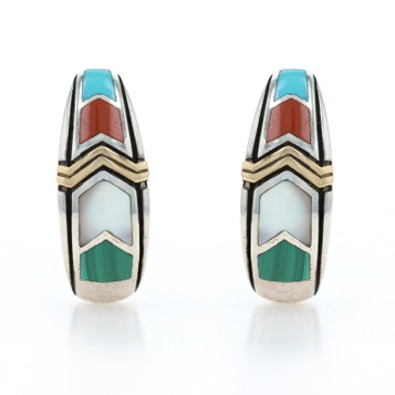 Asch Grossbardt Turquoise Coral MOP Chevron J-Hoop Earrings 925 18k Pierced