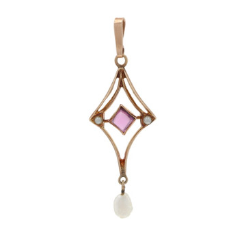 Yellow Gold Amethyst Pearl Art Deco Lavaliere Pendant 10k Sq Cushion Cab Vintage