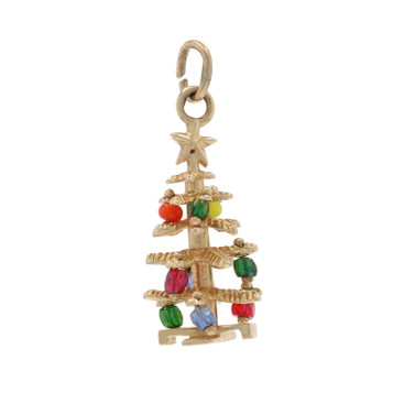 Yellow Gold Glass Vintage Christmas Tree Pendant - 14k Beads Winter Holiday