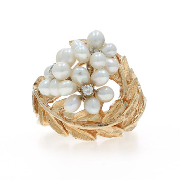Yellow Gold Pearl Diamond Vintage Cluster Cocktail Ring - 14k Floral