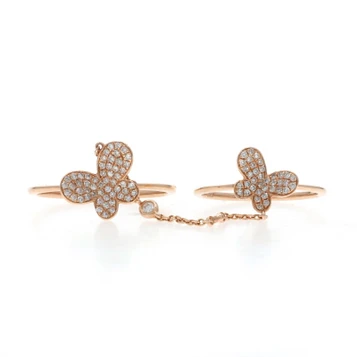 Rose Gold Diamond Butterfly Duo Double Finger Chain Rings -14k Single .23ctw Set