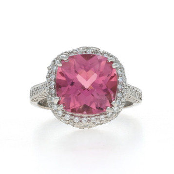 Yellow Gold Pink Tourmaline Diamond Halo Ring - 18k Cushion 5.12ctw