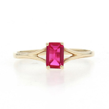 Yellow Gold Lab-Created Ruby Solitaire Ring - 10k Emerald Cut .52ct