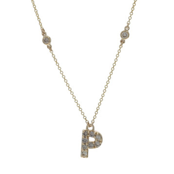 Yellow Gold Diamond Initial P Necklace - 14k Round Brilliant Monogram Letter
