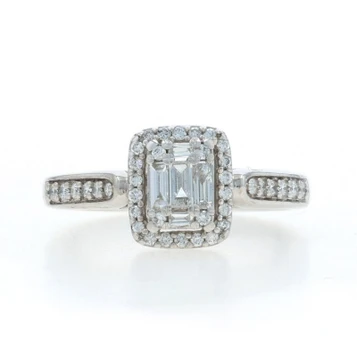 White Gold Diamond Cluster Halo Engagement Ring - 14k Baguette .62ctw Cathedral