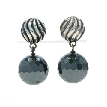 David Yurman Drop Ball Hematite Earrings Sterling 925 WhiteGold 14k Faceted Bead