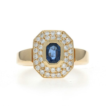Yellow Gold Sapphire Diamond Double Halo Ring - 18k Oval .77ctw
