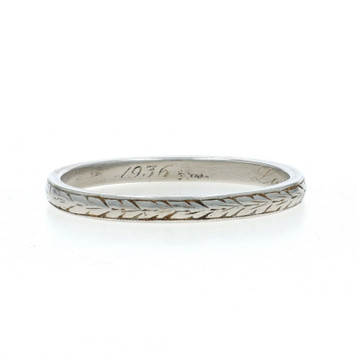 Platinum Art Deco Leaf Garland Wedding Band - 950 Vintage Hand Engraved Ring