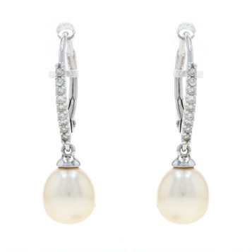White Gold Pearl Diamond Dangle Earrings - 14k .10ctw Pierced