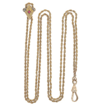 Gold Filled Simulated Ruby Simulated Pearl Victorian SlideCharm Necklace 14 3/4"