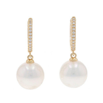 Yellow Gold Diamond Cultured Freshwater Pearl Hoop Earrings 14k Round Pierced