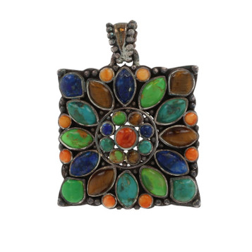 Sterling Turquoise Coral Lapis Tiger Eye Floral Cluster Halo Pendant 925 MarqCab