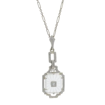Krementz Diamond Carved Rock Crystal Art Deco Necklace 16" WhiteGold 14k Vintage