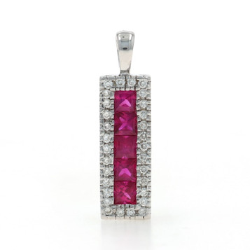 White Gold Ruby Diamond Five-Stone Halo Pendant - 14k Princess 1.07ctw