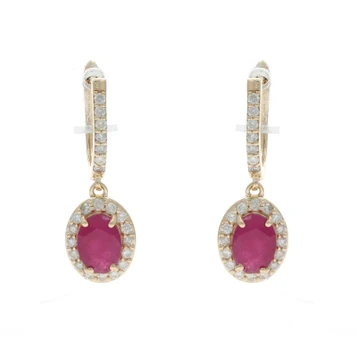 Yellow Gold Ruby Diamond Halo Huggie Hoop Dangle Earrings 14k Oval 1.86ctw