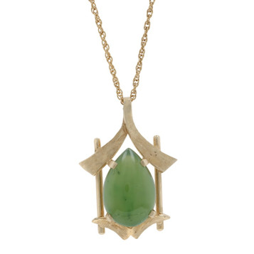 Yellow Gold Nephrite Jade Vintage Solitaire Necklace 18" - 14k Pear Cab 3.27ct