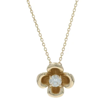 Yellow Gold Diamond Flower Solitaire Necklace 18" - 14k Round .27ct Blossom