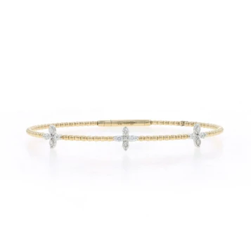 YellowGold Diamond Flower Trio Station Flex Bangle Bracelet 6 3/4" 14k Rd .36ctw