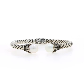 Sterling Silver Pearl Cuff Bracelet 6 1/2" - 925 Pear Shaped Beads
