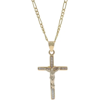 Yellow Gold Cubic Zirconia Crucifix Necklace 20" - 14k Round .32ctw Faith