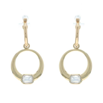 Yellow Gold Diamond Huggie Hoop Dangle Earrings 14k Emerald Cut .44ctw Pierced