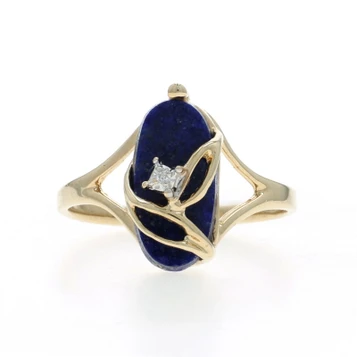 Yellow Gold Lapis Lazuli Diamond Solitaire Ring - 10k Oval