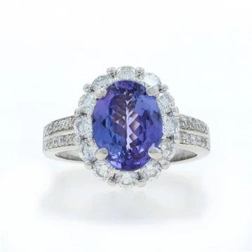 White Gold Tanzanite Diamond Halo Ring - 18k Oval 4.81ctw