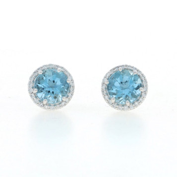 White Gold Aquamarine Diamond Halo Stud Earrings - 14k Round 2.05ctw