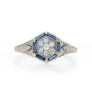 White Gold Diamond Lab-Created Sapphire Art Deco Cluster Halo Ring - 19k Vintage