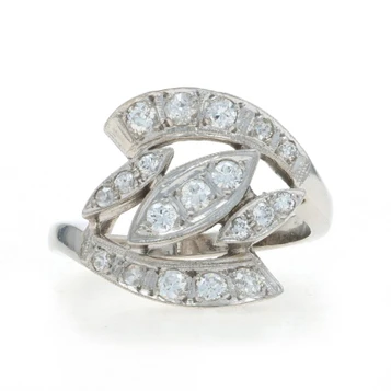 White Gold Diamond Vintage Cluster Cocktail Bypass Ring - 14k Round .87ctw