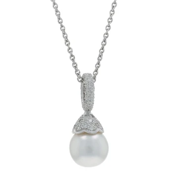 Platinum South Sea Pearl Diamond Pendant Necklace 15 1/2" - 900 Rd .63ctw