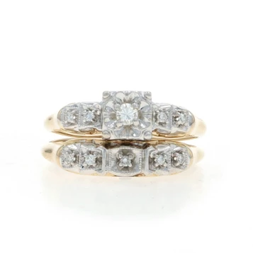 Yellow Gold Diamond Vintage Engagement Ring & Wedding Band 14k Rd .15ctw Floral