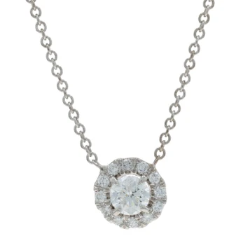 White Gold Diamond Halo Necklace - 14k Round Brilliant 1.07ctw GIA