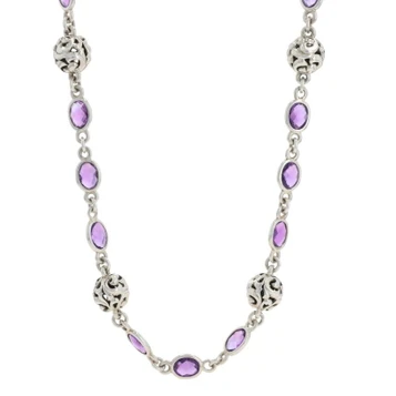Sterling Silver Amethyst Station Link Necklace 37 1/2" - 925 Oval 27.70ctw