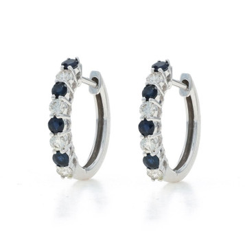White Gold Sapphire Diamond Hoop Earrings - 14k Round Brilliant 1.00ctw Pierced