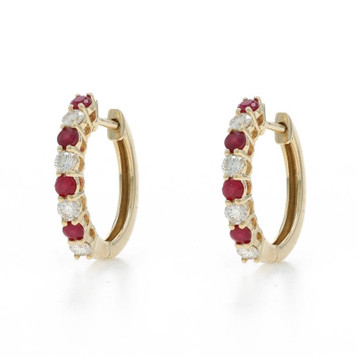 Yellow Gold Ruby Diamond Hoop Earrings - 14k Round Brilliant .75ctw Pierced