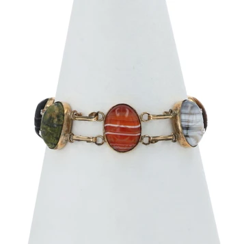 Gold Filled Onyx Jasper Carnelian Agate Vintage Scarab Beetle Link Bracelet 8"