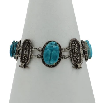 Sterling Silver Simulated Ceramic Scarab Beetle Link Bracelet 8" - 925 Insects