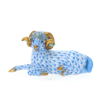 Herend Blue Fishnet Porcelain Lying Ram Figurine - Decorative Collectible