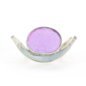 Sterling Pinkish Purple Dichroic Glass Curved Cuff Bracelet 7" - 925 Oval Cab