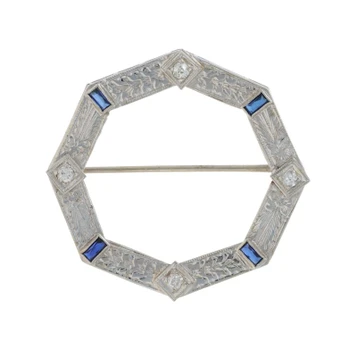 WhiteGold Diamond Lab-Created Sapphire Art Deco Brooch 18k Euro.52ctw VintagePin