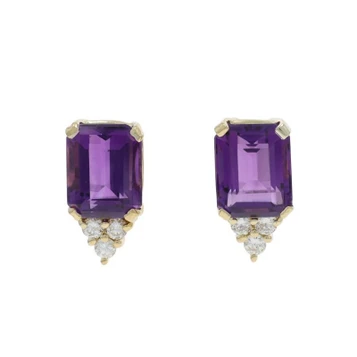 Yellow Gold Amethyst Diamond Stud Earrings - 18k Emerald 6.10ctw