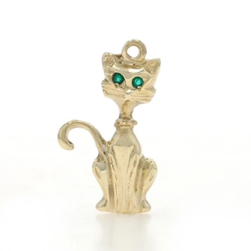 Yellow Gold Lab-Created Emerald Cheerful Cat Charm - 14k Pet Feline