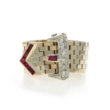 Yellow Gold Lab-Created Ruby Diamond Retro Buckle Band 14k .52ctw Vintage Ring