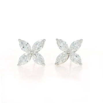 White Gold Diamond Flower Stud Earrings - 18k Marquise 1.94ctw Blossoms