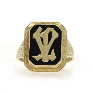 Yellow Gold Onyx Art Deco Monogram Signet Men's Ring - 14k LV VL Letters Vintage